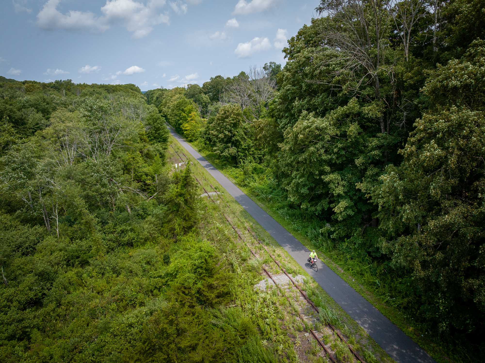 An aerial view of a man cycling along a path through a green, wooded area.