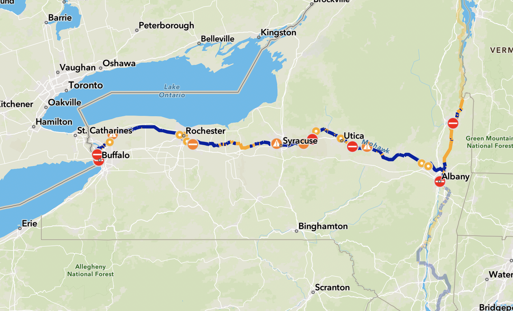 A map of New York State with the Erie Canalway and Champlain Canalway Trails.