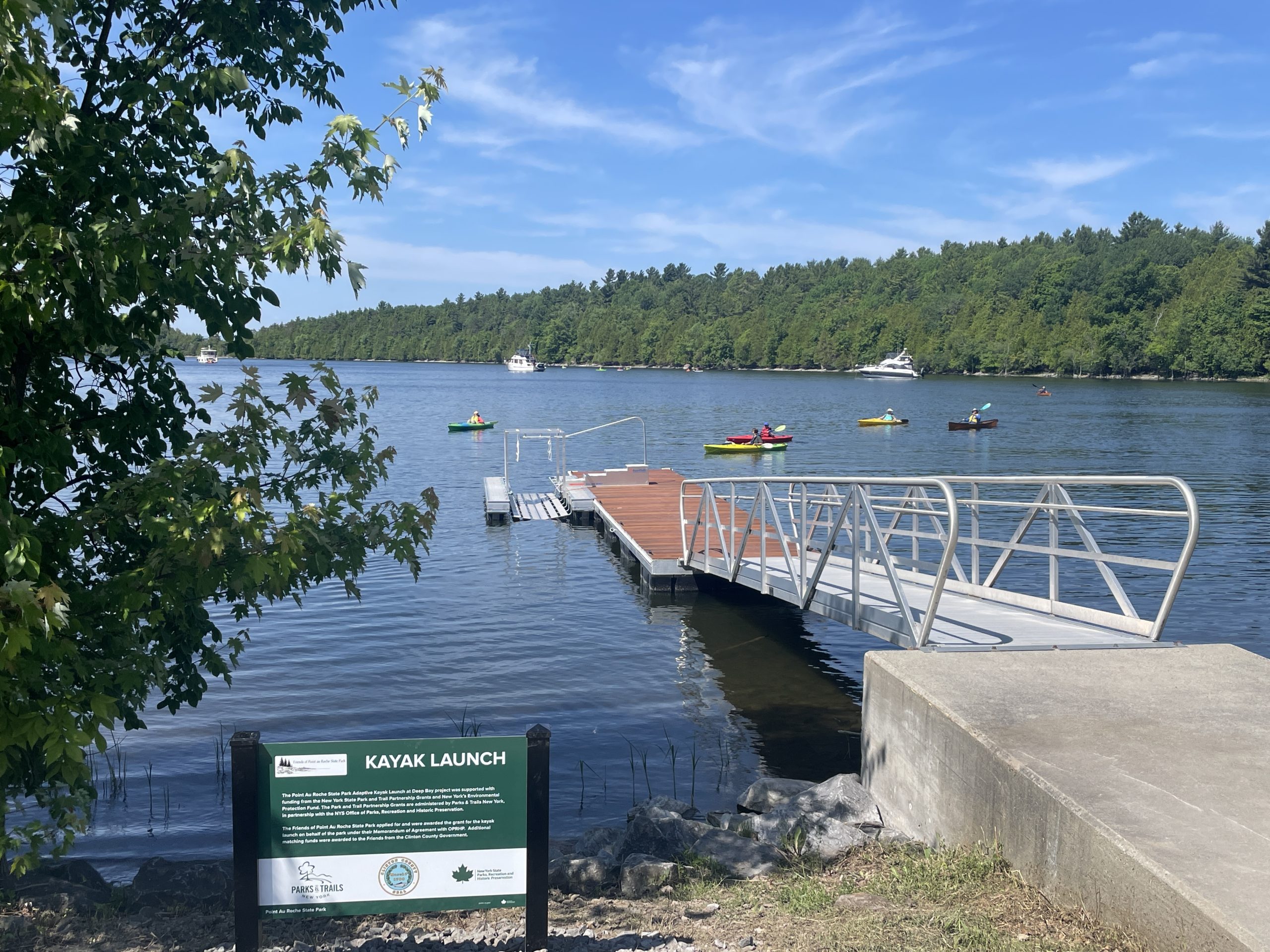 A kayak launch into a lake with a tree and sign alongside.