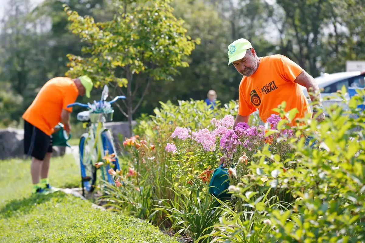 Two men in brightly colored shirts water blooming flowerbeds.