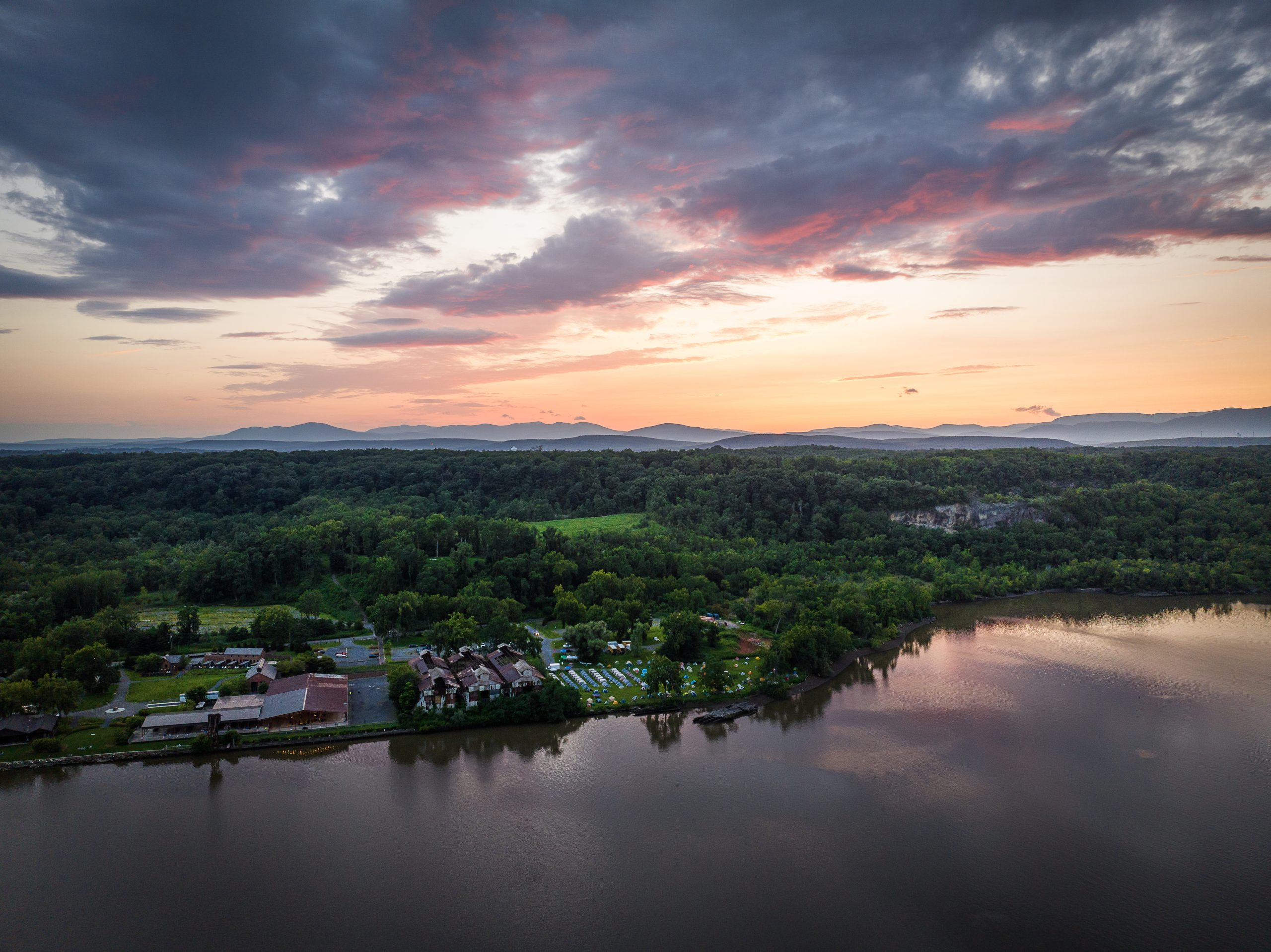 An aerial view of the Hudson River as the sun sets.