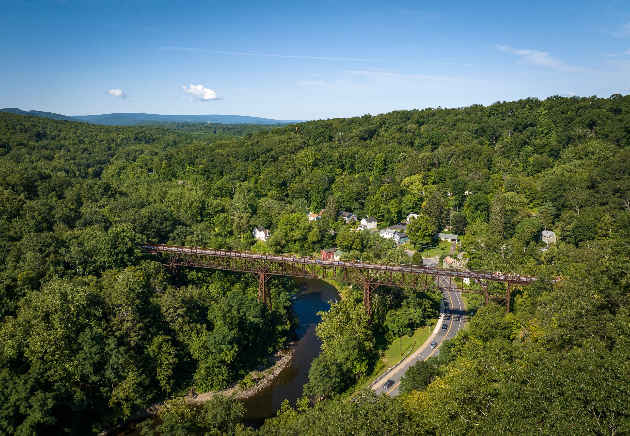 An aerial view of the Rosendale Trestle, a pedestrian bridge.