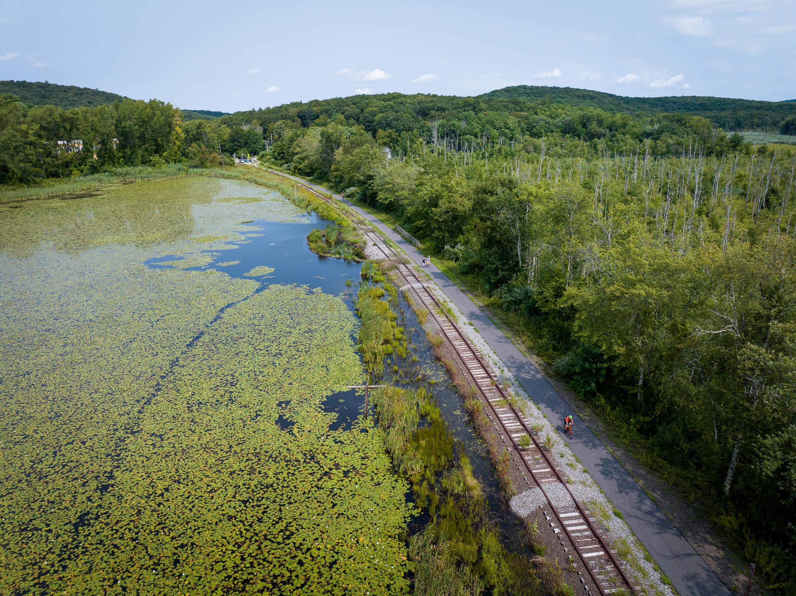 An aerial view of a cyclist traveling along a rail trail in a marshy area.
